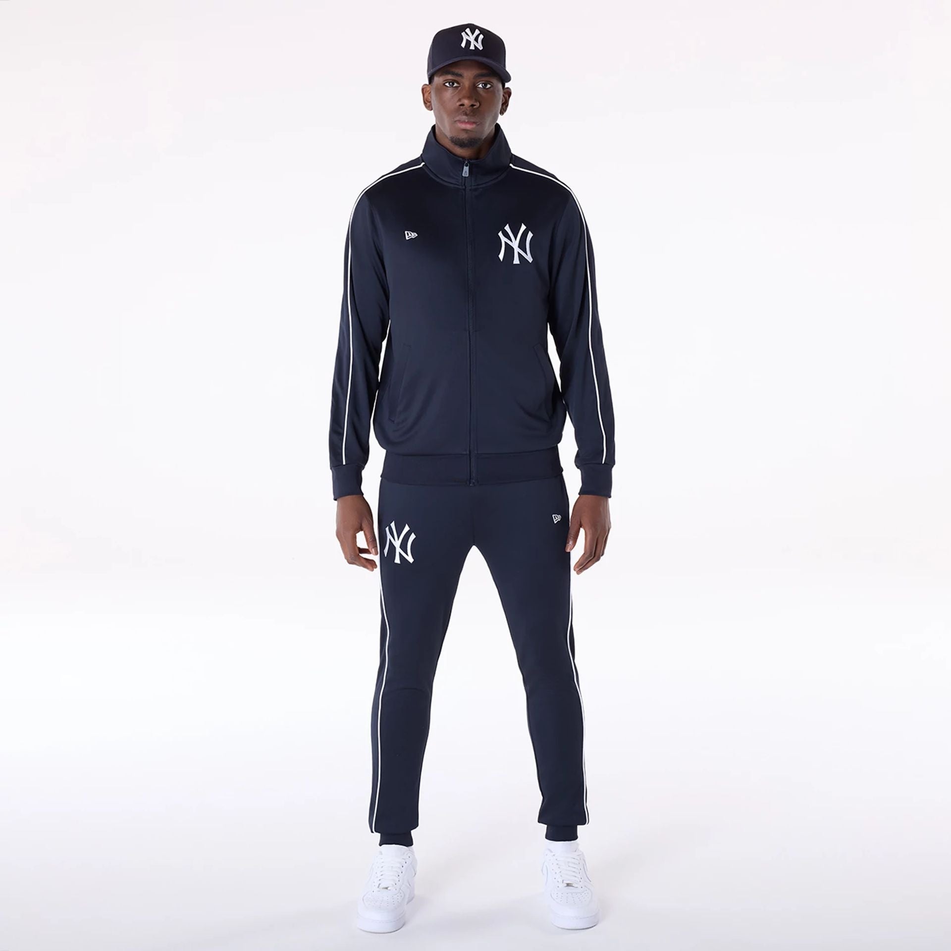 The Male model is wearing New York Yankees MLB Track Top Navy Track Jacket 8