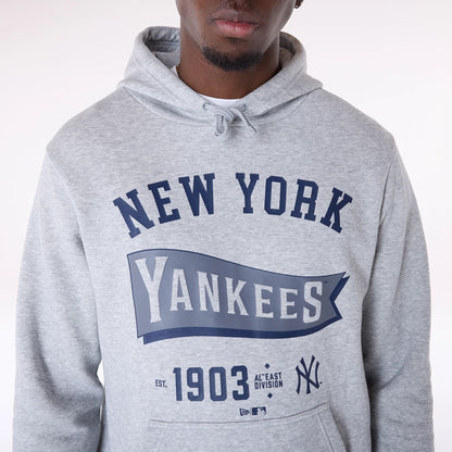 The Male model is wearing New York Yankees MLB Pennant Graphic Grey Pullover Hoodie 3