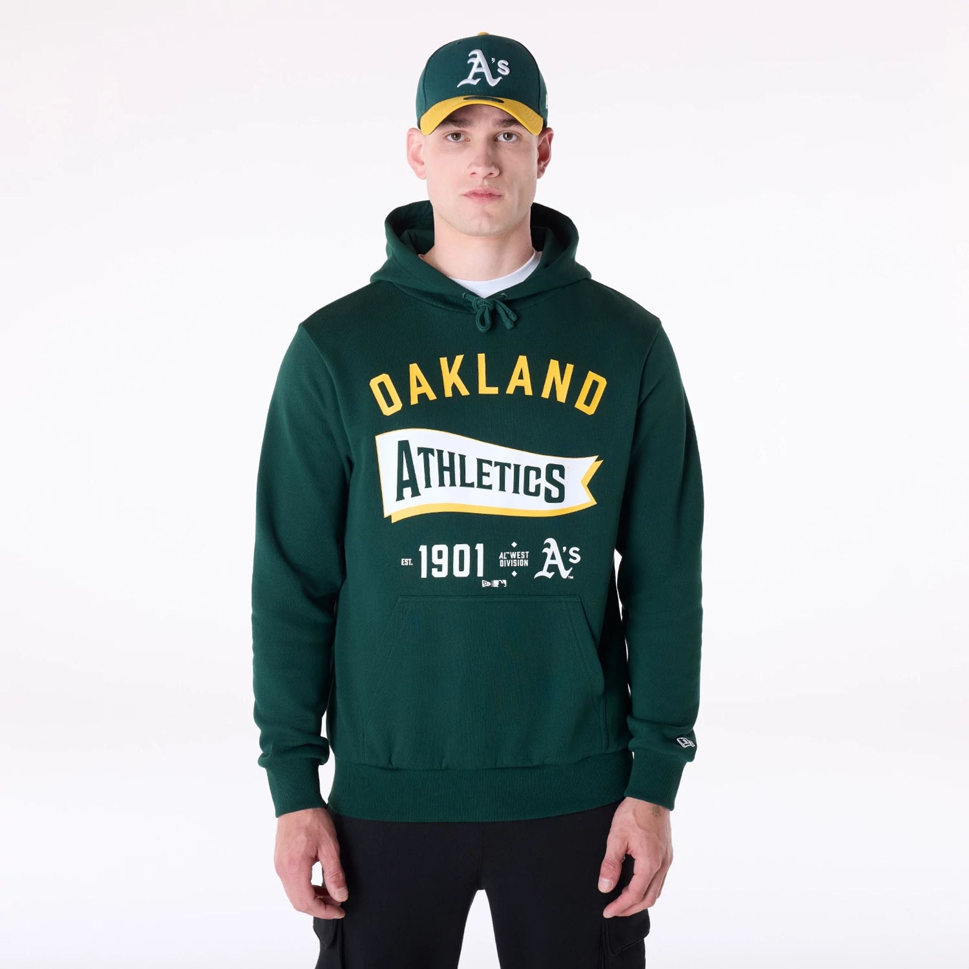 The Male model is wearing Oakland Athletics MLB Pennant Graphic Dark Green Pullover Hoodie 1