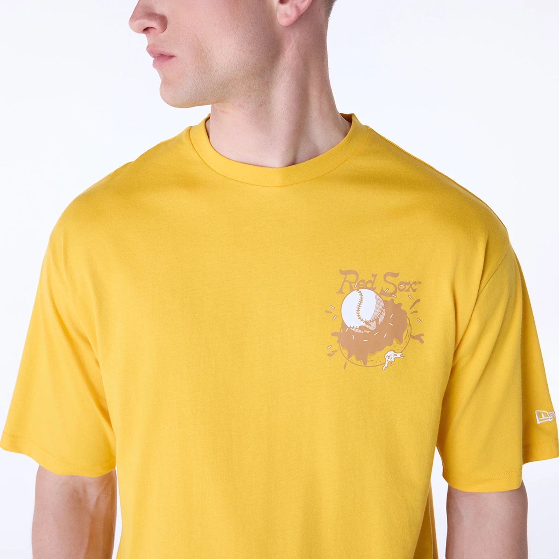 The Male model is wearing Boston Red Sox MLB Food Graphic Yellow Oversized T-Shirt 6