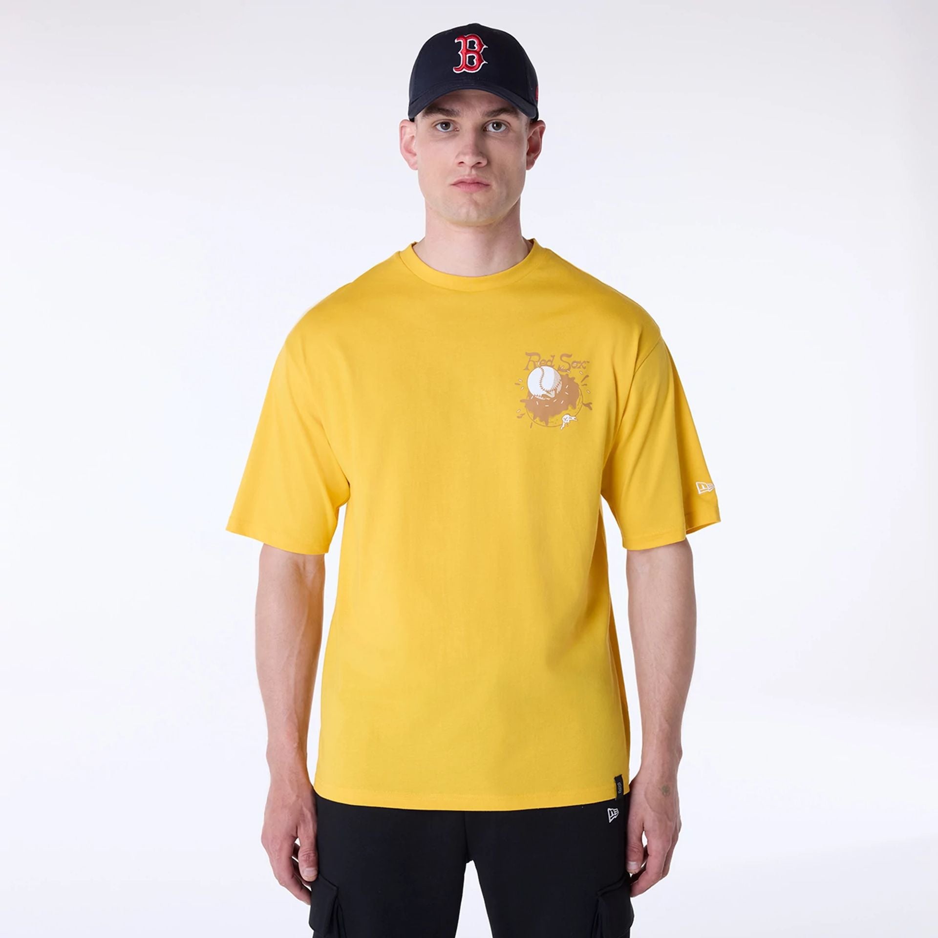 The Male model is wearing Boston Red Sox MLB Food Graphic Yellow Oversized T-Shirt 1