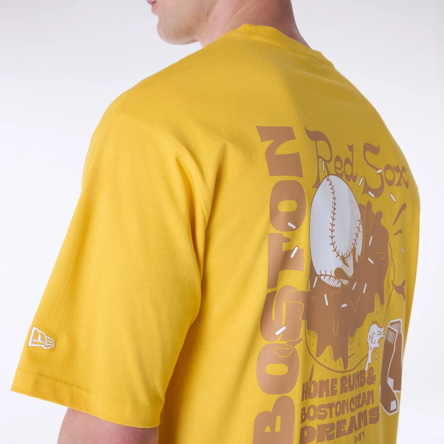 The Male model is wearing Boston Red Sox MLB Food Graphic Yellow Oversized T-Shirt 4