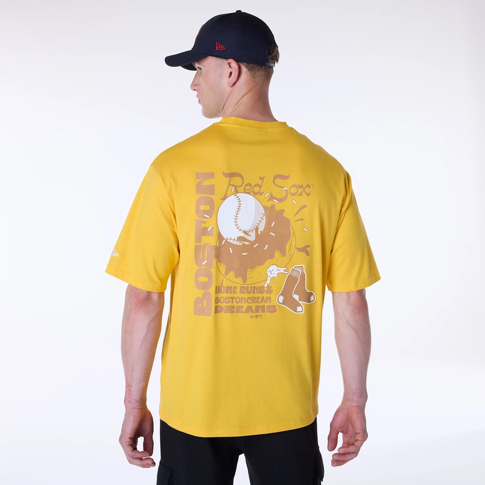 The Male model is wearing Boston Red Sox MLB Food Graphic Yellow Oversized T-Shirt 2