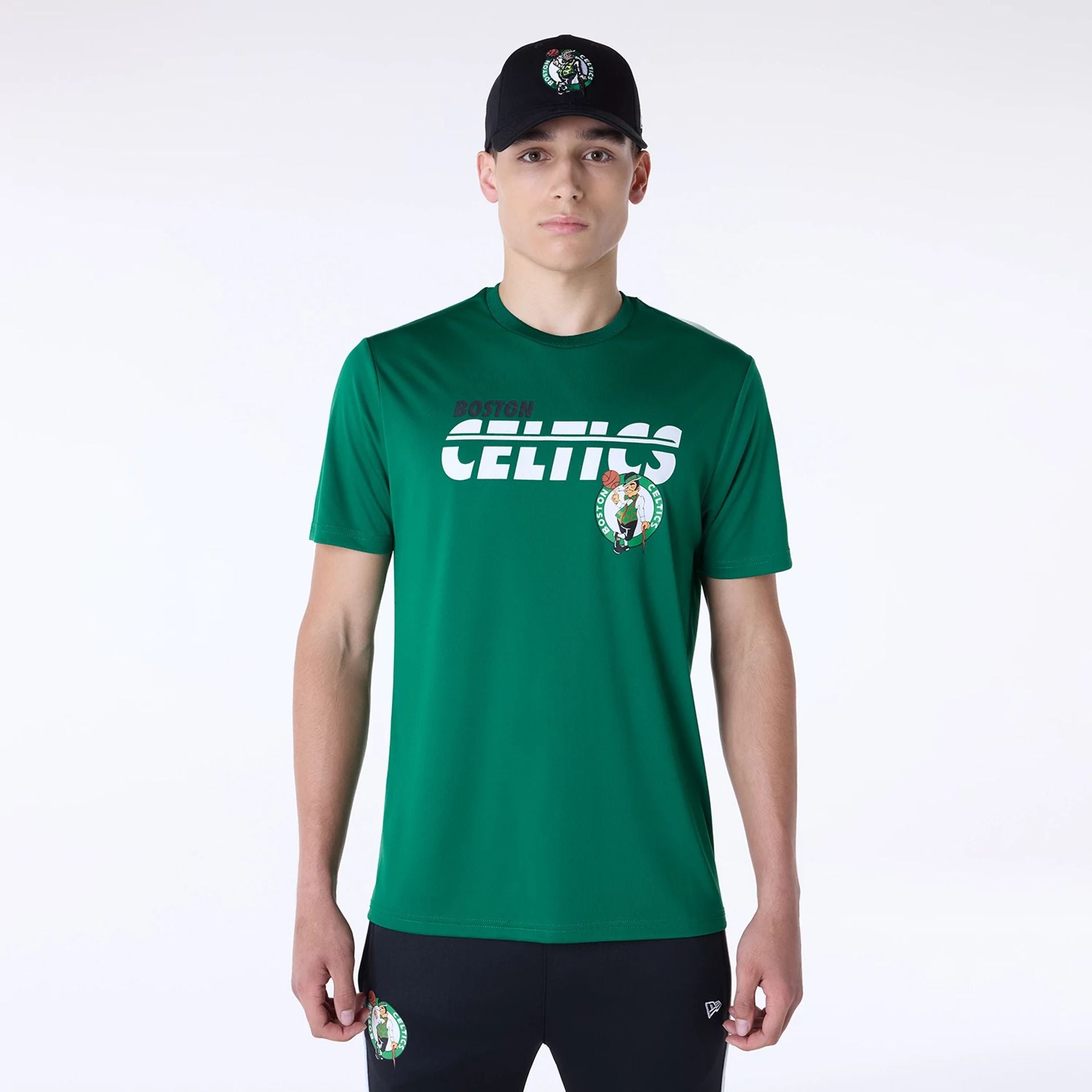 The Male model is wearing Boston Celtics NBA Essentials Green T-Shirt 1