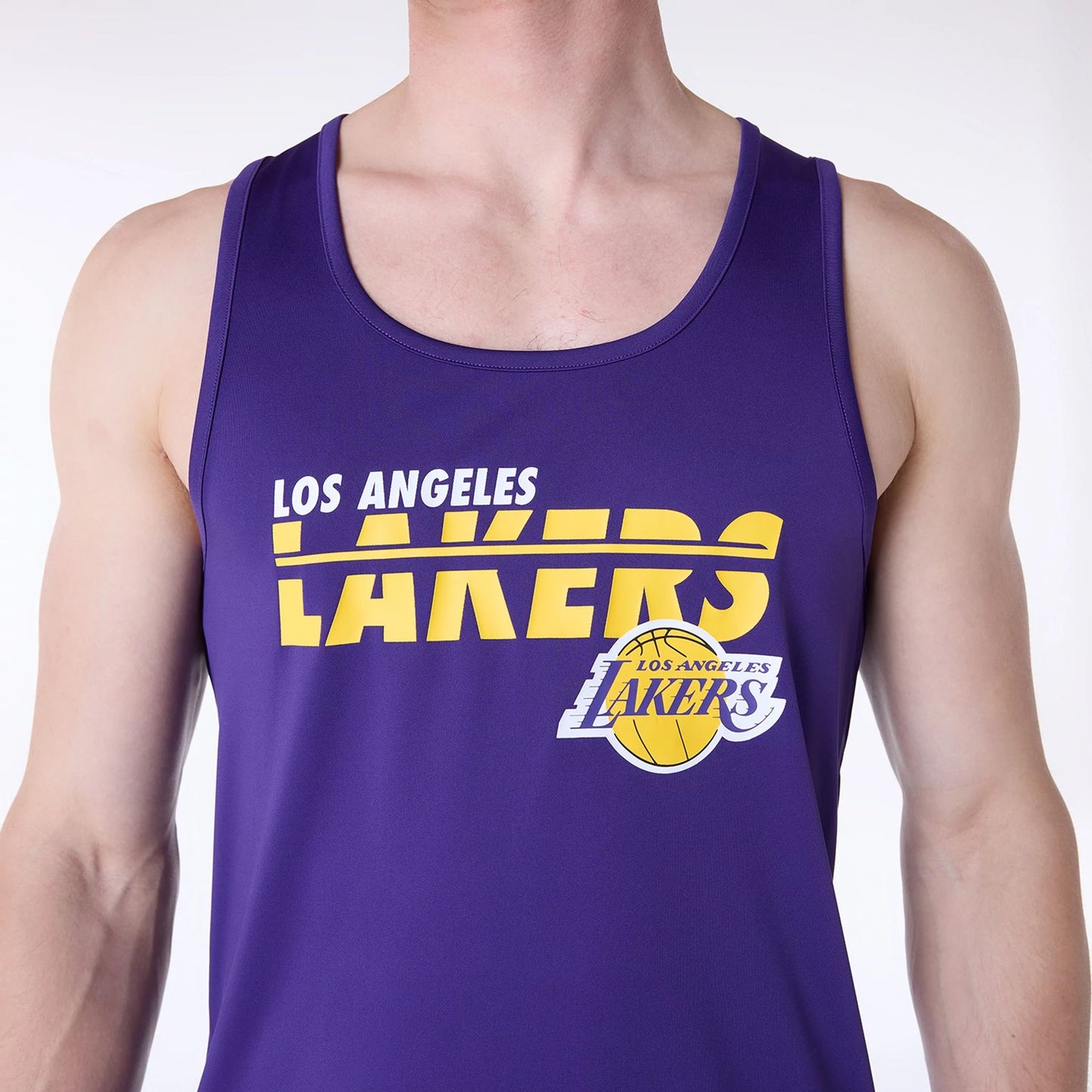 The Male model is wearing LA Lakers NBA Essentials Purple Vest 5