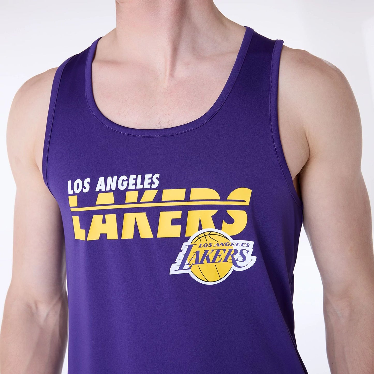 The Male model is wearing LA Lakers NBA Essentials Purple Vest 4