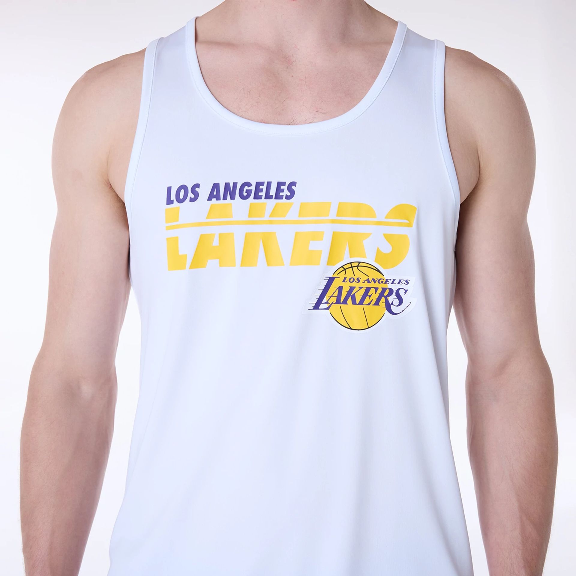 The Male model is wearing LA Lakers NBA Essentials White Vest 6