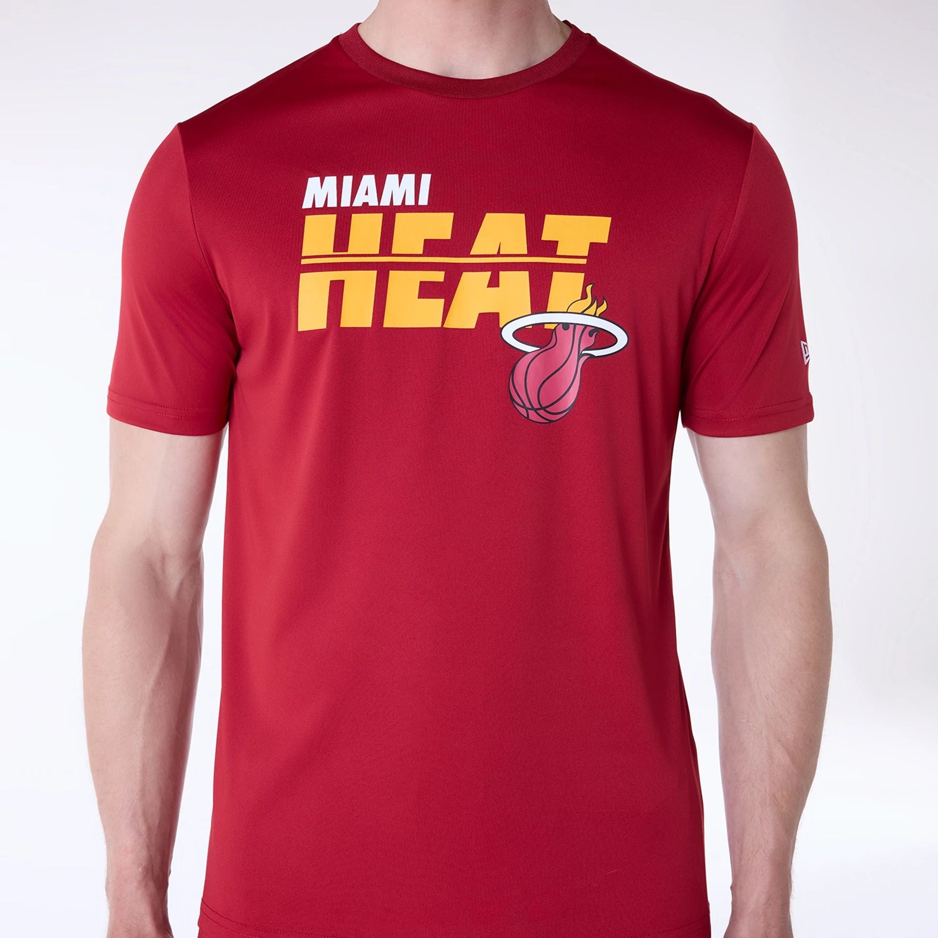 The Male model is wearing Miami Heat NBA Essentials Dark Red T-Shirt 5