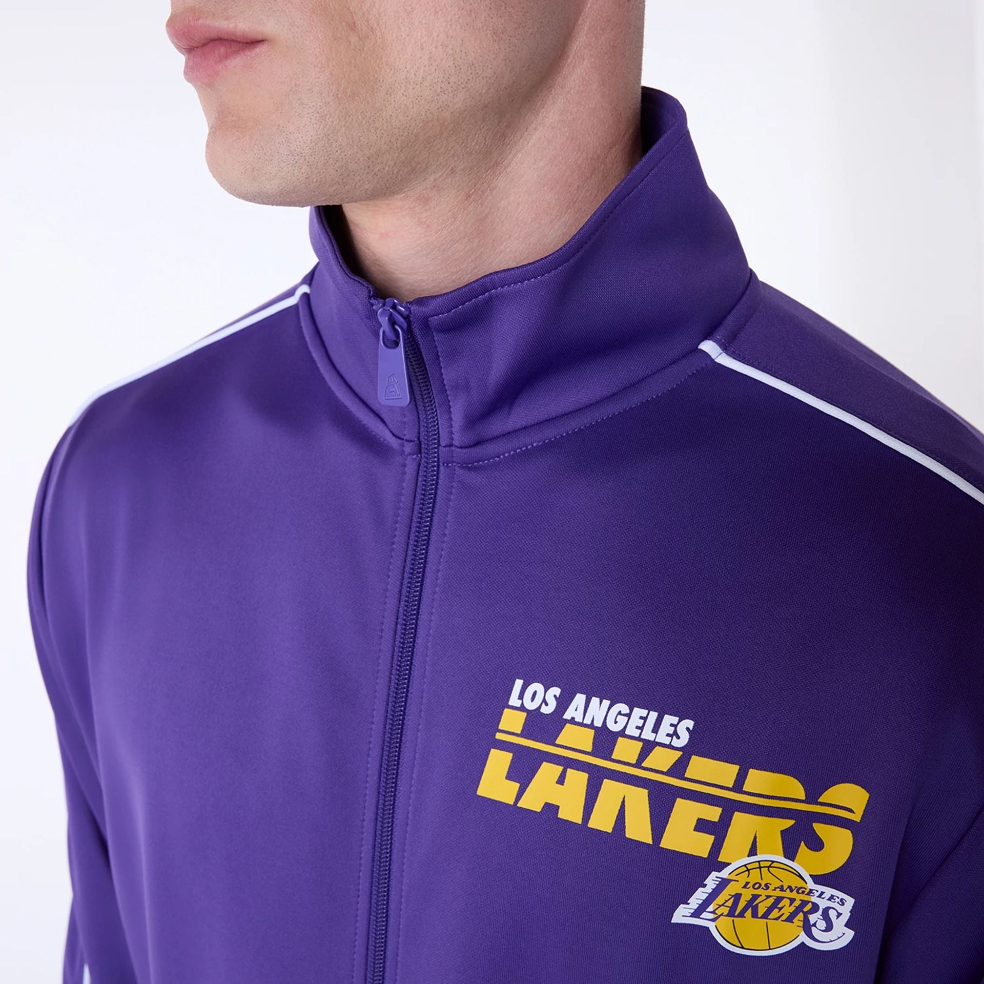 The Male model is wearing LA Lakers NBA Track Top Purple Jacket 5