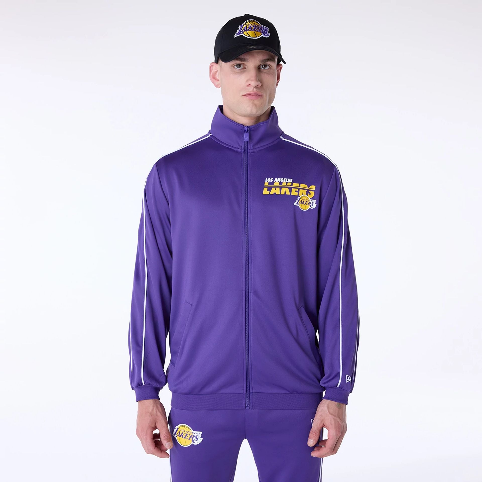 The Male model is wearing LA Lakers NBA Track Top Purple Jacket 1