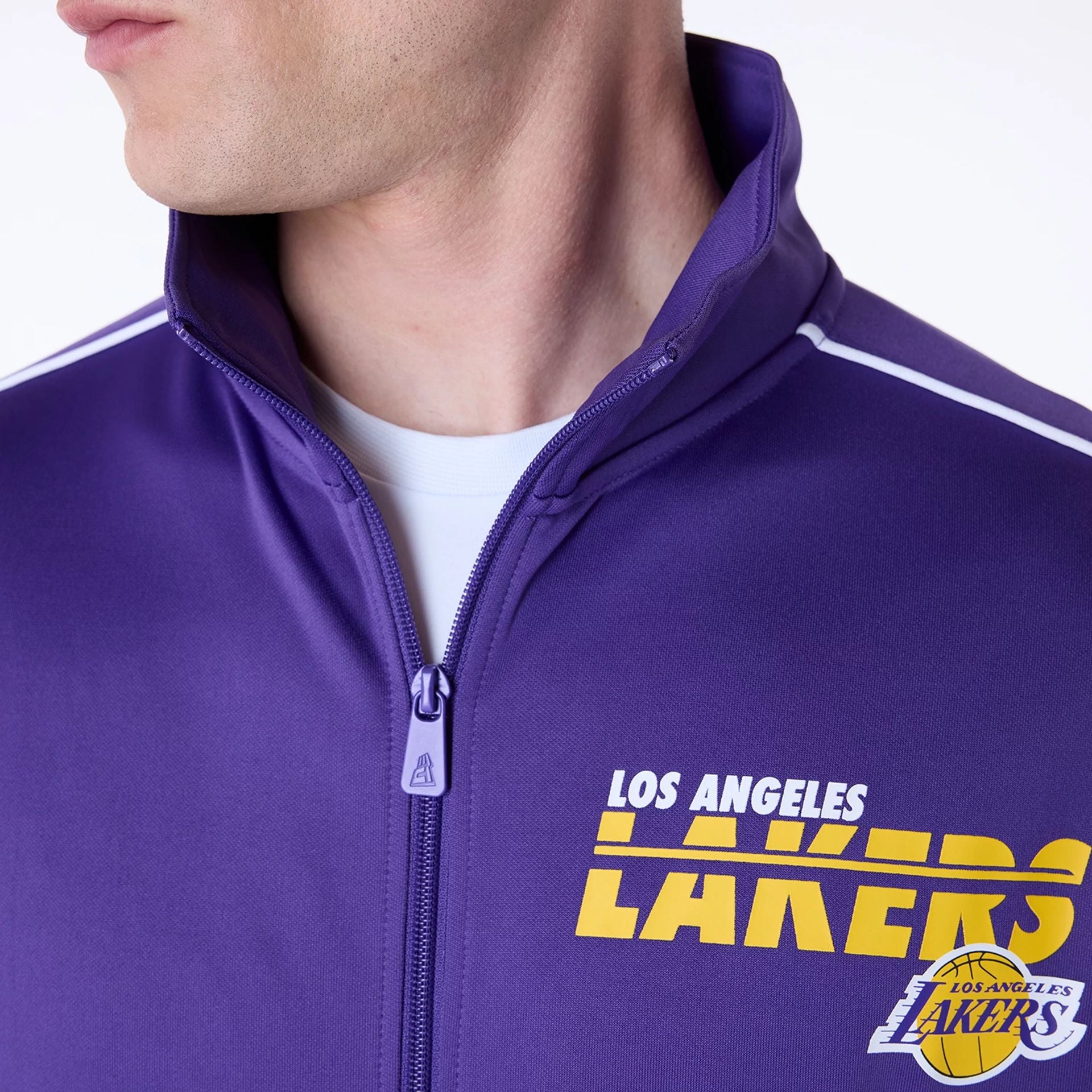 The Male model is wearing LA Lakers NBA Track Top Purple Jacket 3