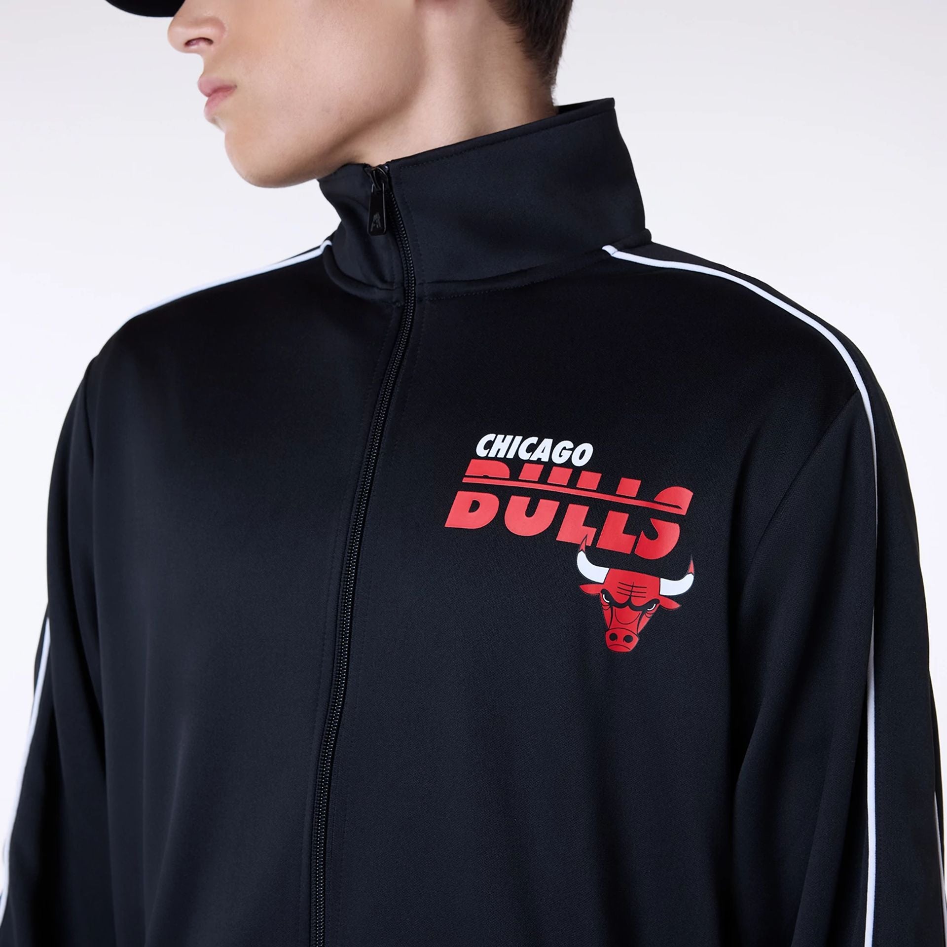 The Male model is wearing Chicago Bulls NBA Track Top Black Jacket 6