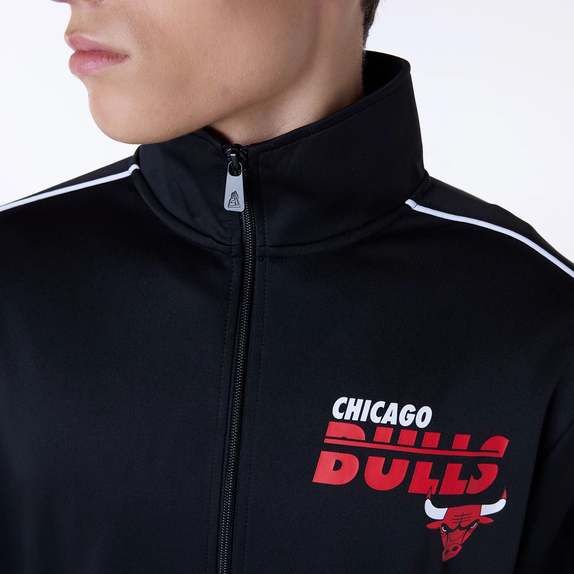 The Male model is wearing Chicago Bulls NBA Track Top Black Jacket 5