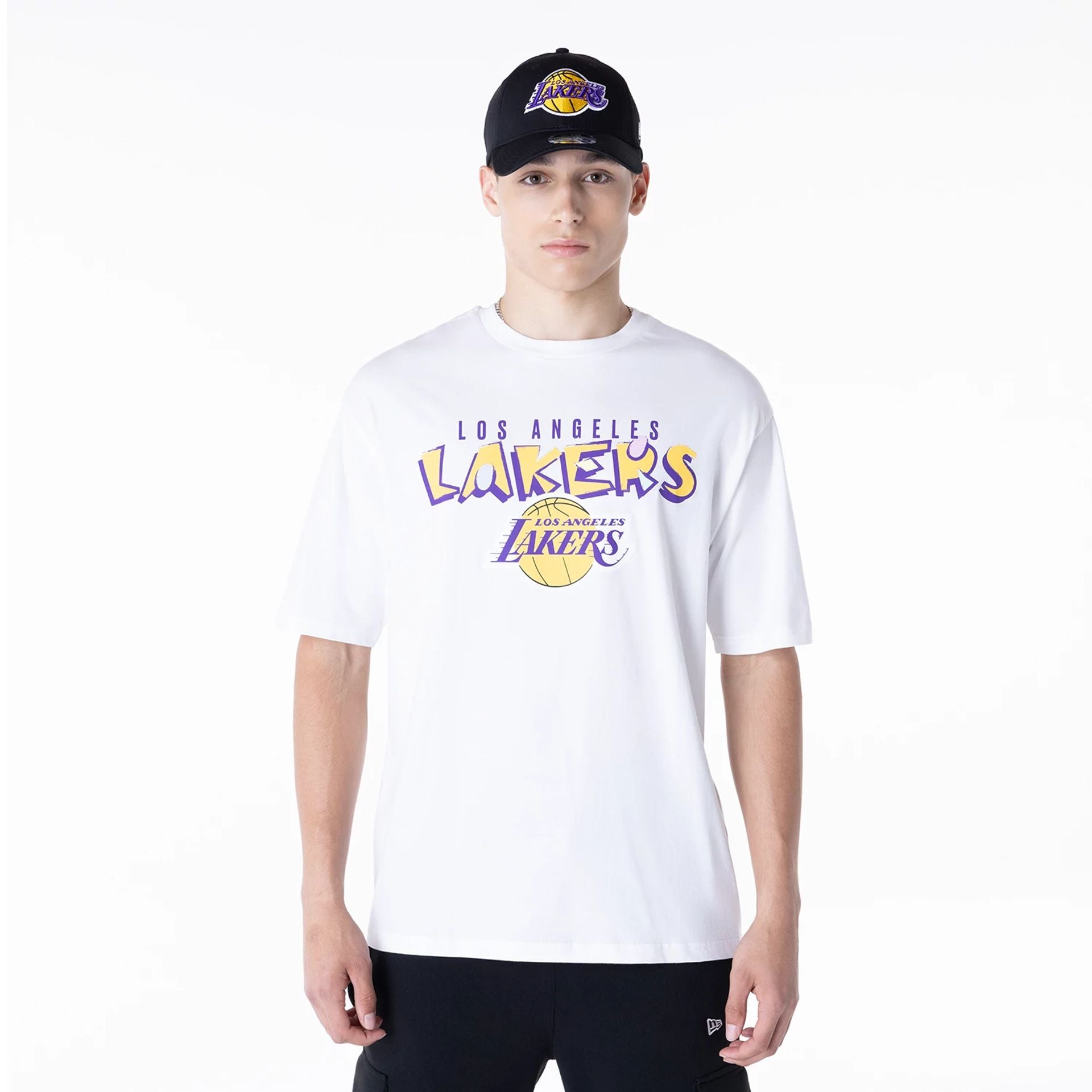 The Male model is wearing LA Lakers NBA Graphic White Oversized T-Shirt 1