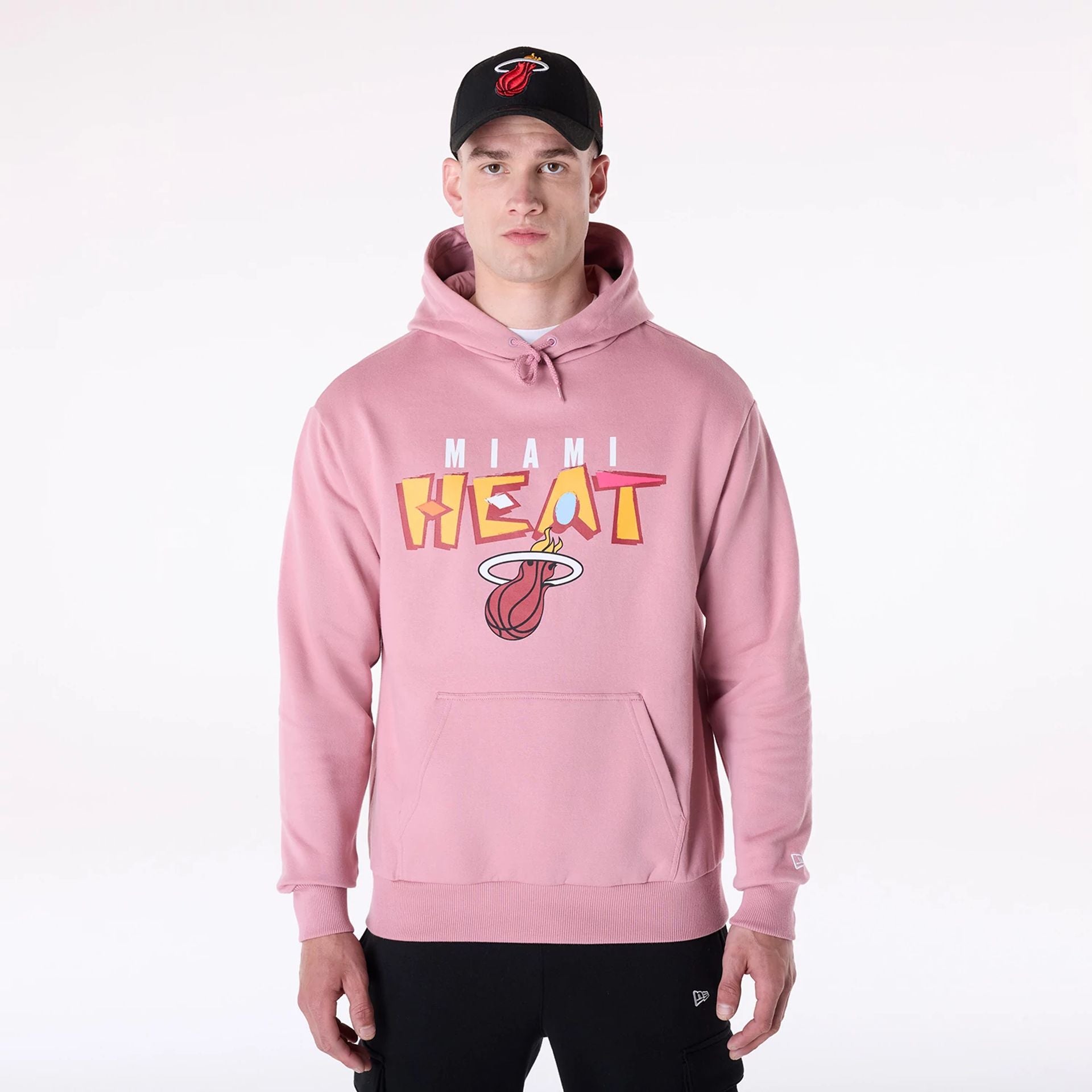 The Male model is wearing Miami Heat NBA Graphic Dark Pink Oversized Pullover Hoodie 1