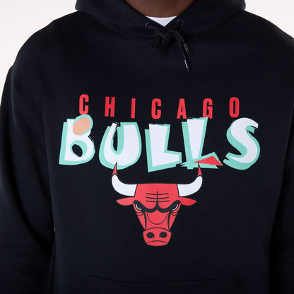 The Male model is wearing Chicago Bulls NBA Graphic Black Oversized Pullover Hoodie 3