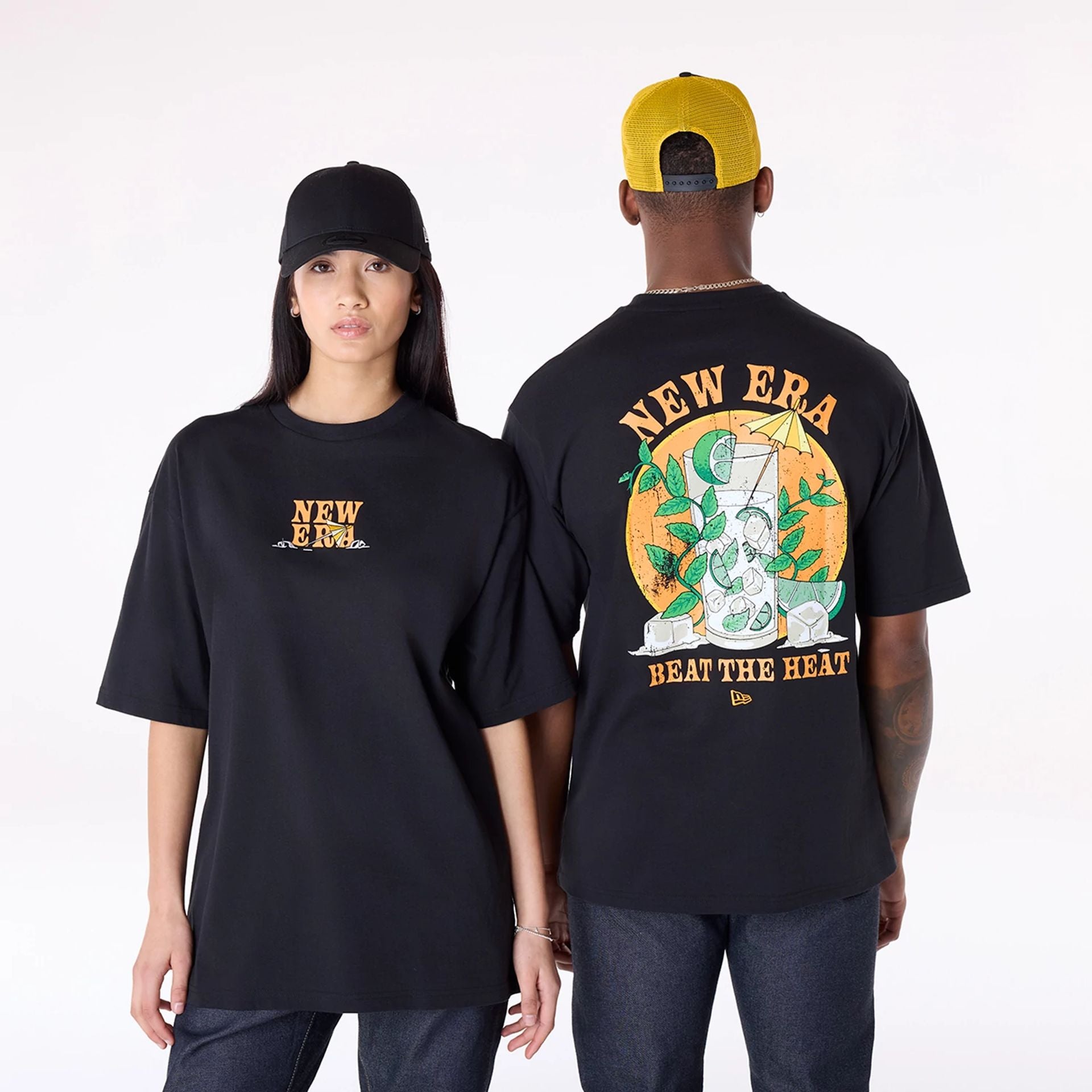 The Male model is wearing New Era Drink Graphic Black Oversized T-Shirt 3