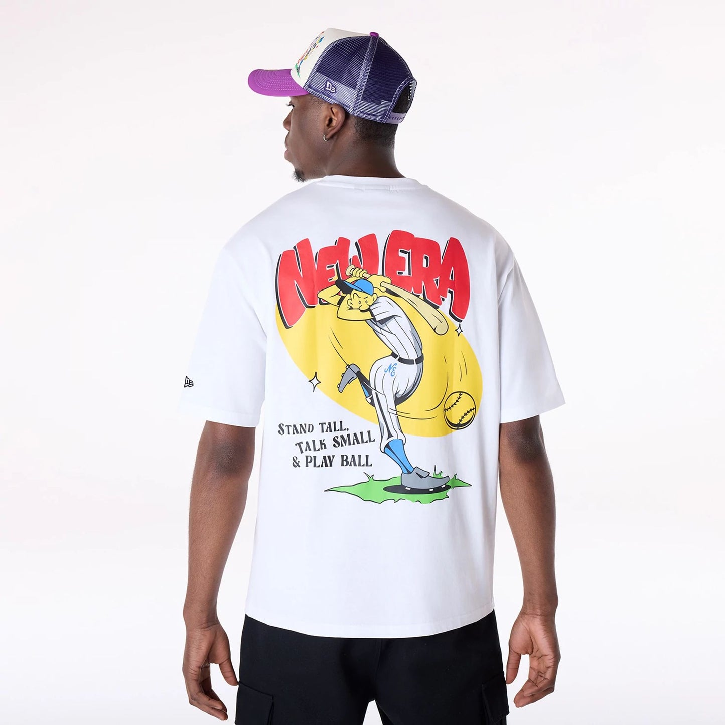 The Male model is wearing New Era Baseball Graphic White Oversized T-Shirt 2