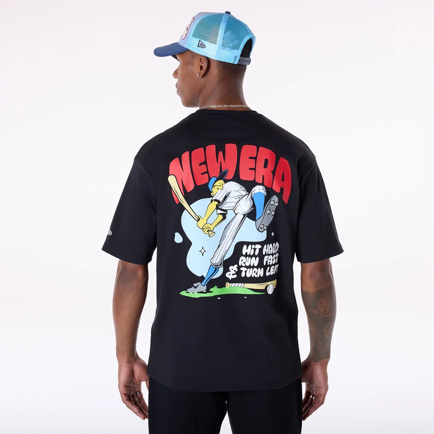 The Male model is wearing New Era Baseball Graphic Black Oversized T-Shirt 2