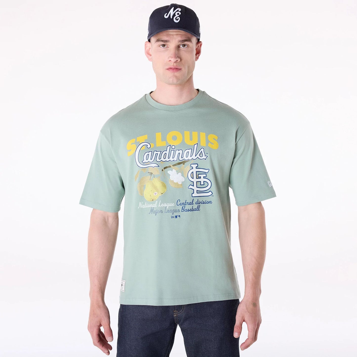 The Male model is wearing St. Louis Cardinals MLB Fruit Pastel Green T-Shirt 4