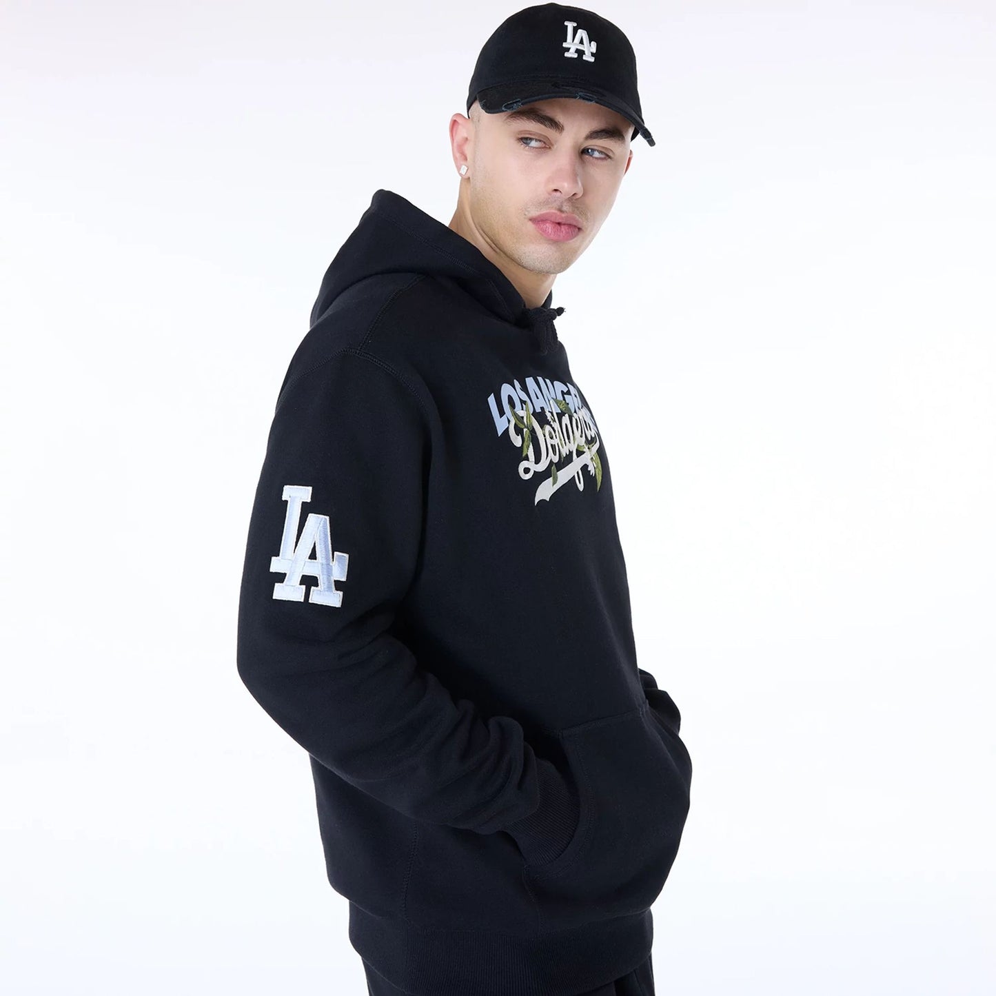 The Male model is wearing LA Dodgers MLB Floral Black Pullover Hoodie 6