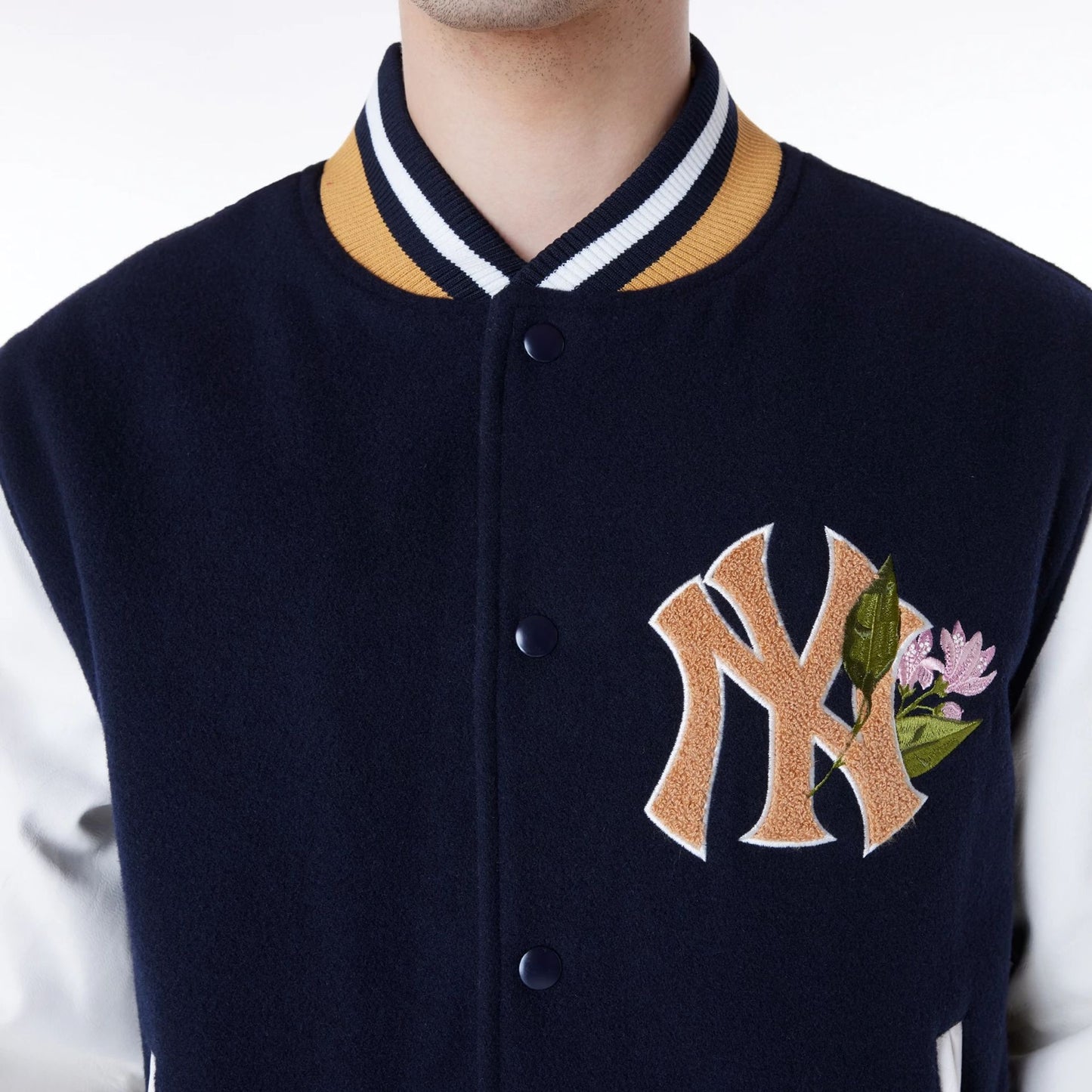 The Male model is wearing New York Yankees MLB Floral Navy Jacket 3