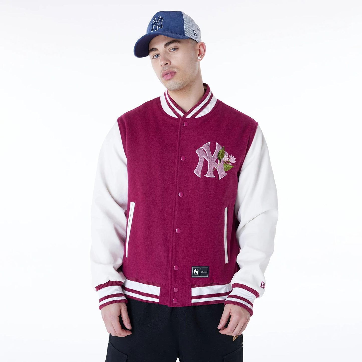 The Male model is wearing New York Yankees MLB Floral Dark Red Jacket 1