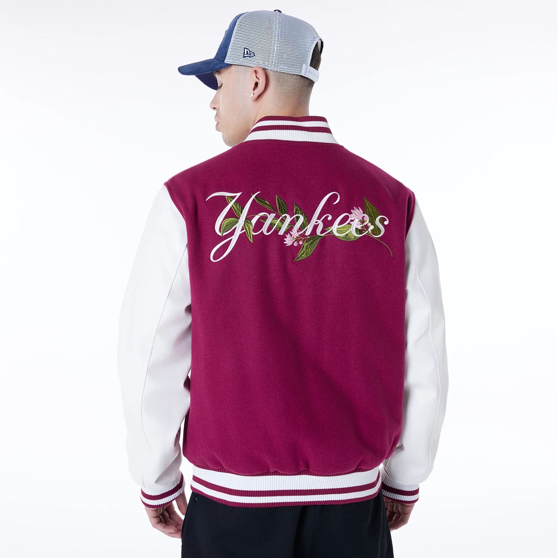 The Male model is wearing New York Yankees MLB Floral Dark Red Jacket 2