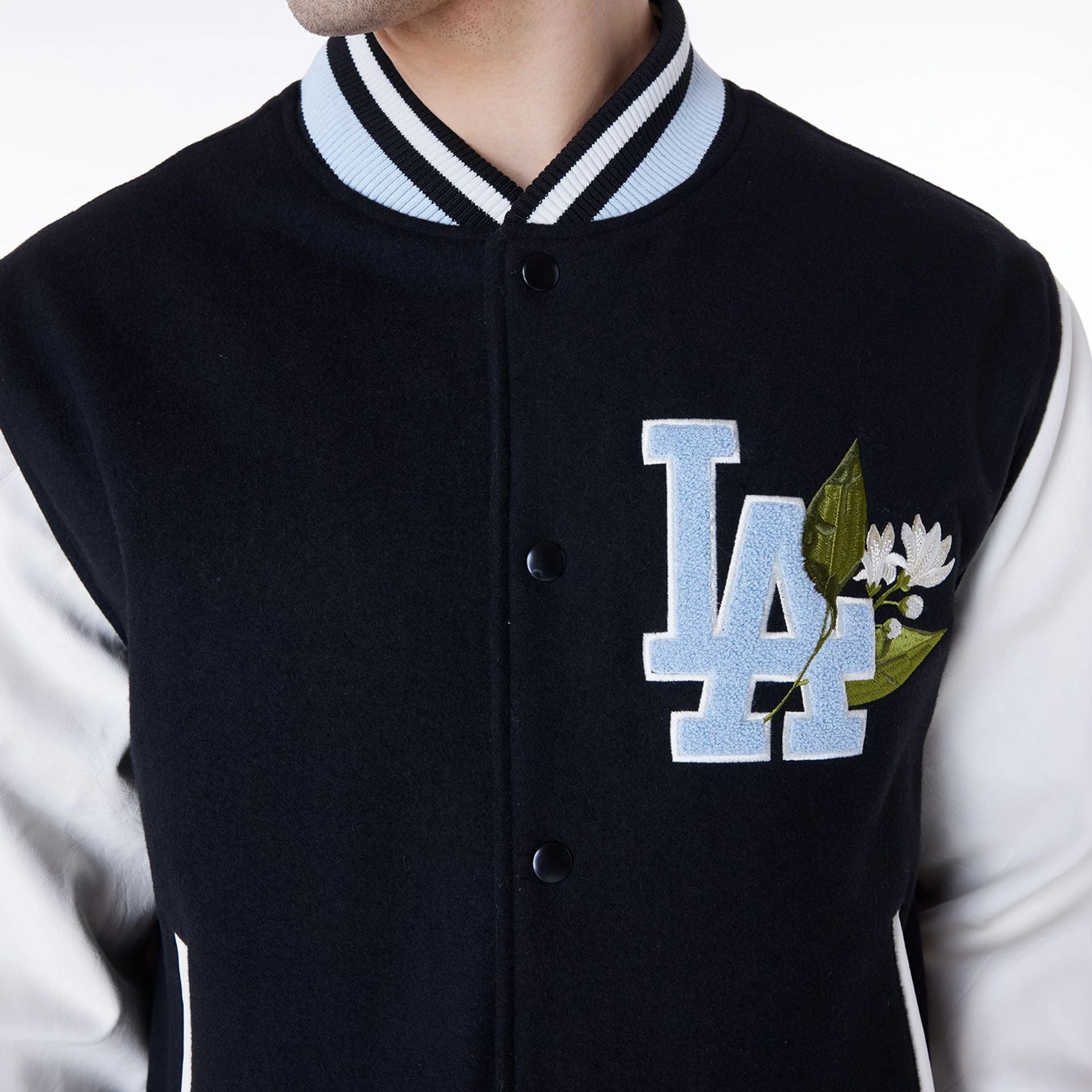 The Male model is wearing LA Dodgers MLB Floral Black Jacket 3