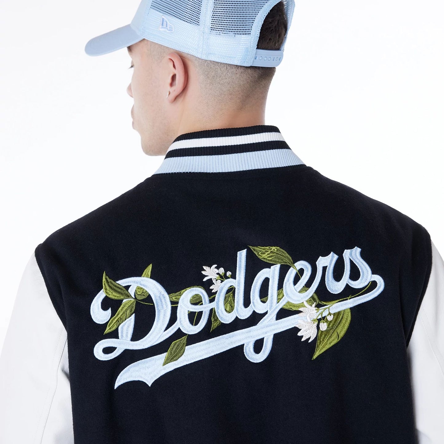 The Male model is wearing LA Dodgers MLB Floral Black Jacket 4