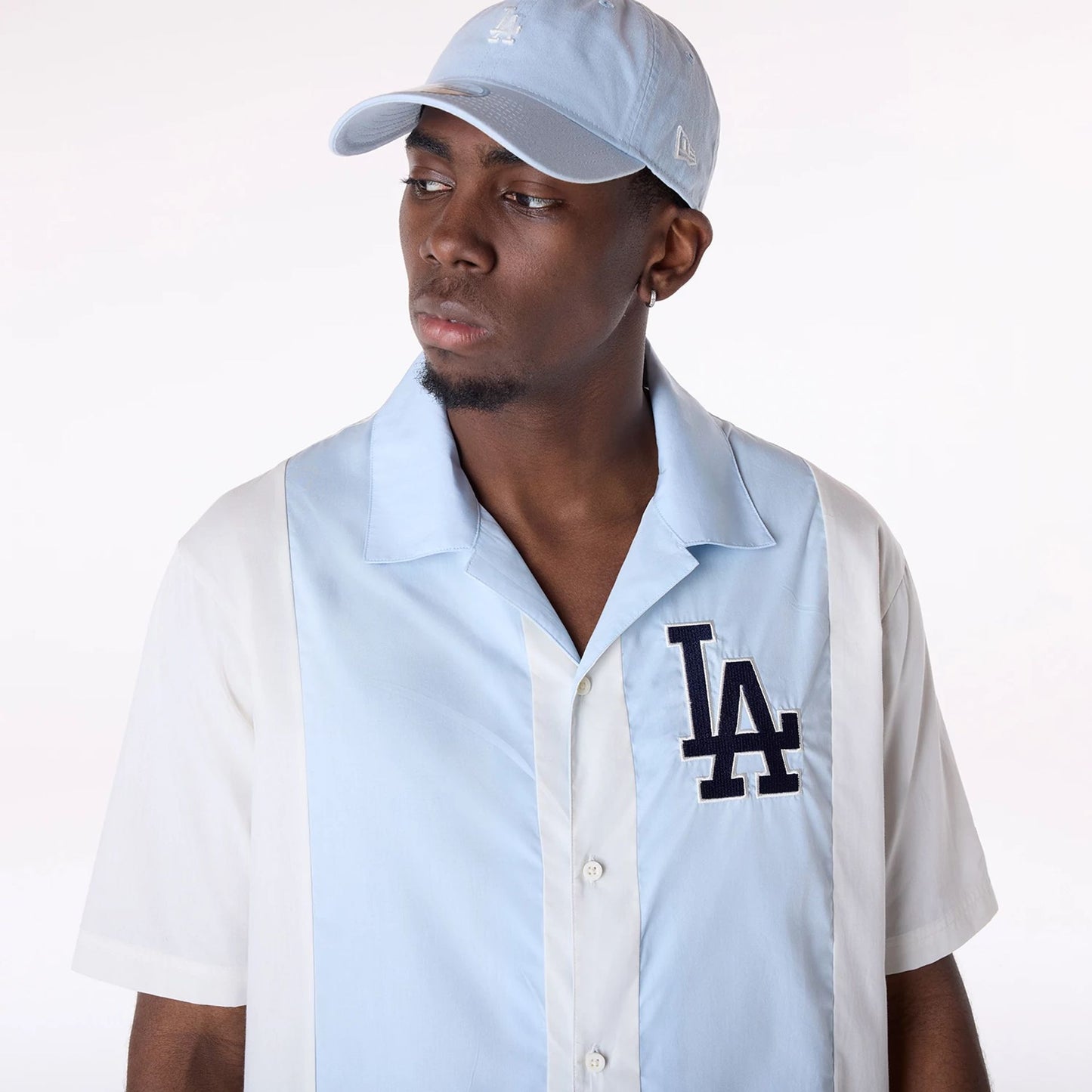 The Male model is wearing LA Dodgers Stripe Revere Open White Short Sleeve Shirt 4