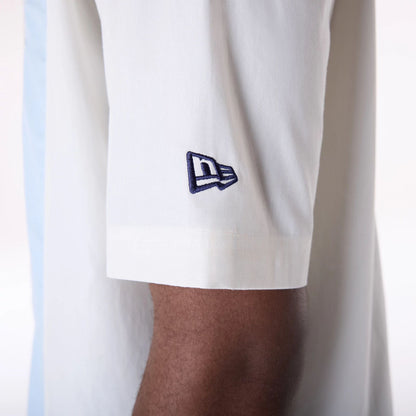 The Male model is wearing LA Dodgers Stripe Revere Open White Short Sleeve Shirt 8