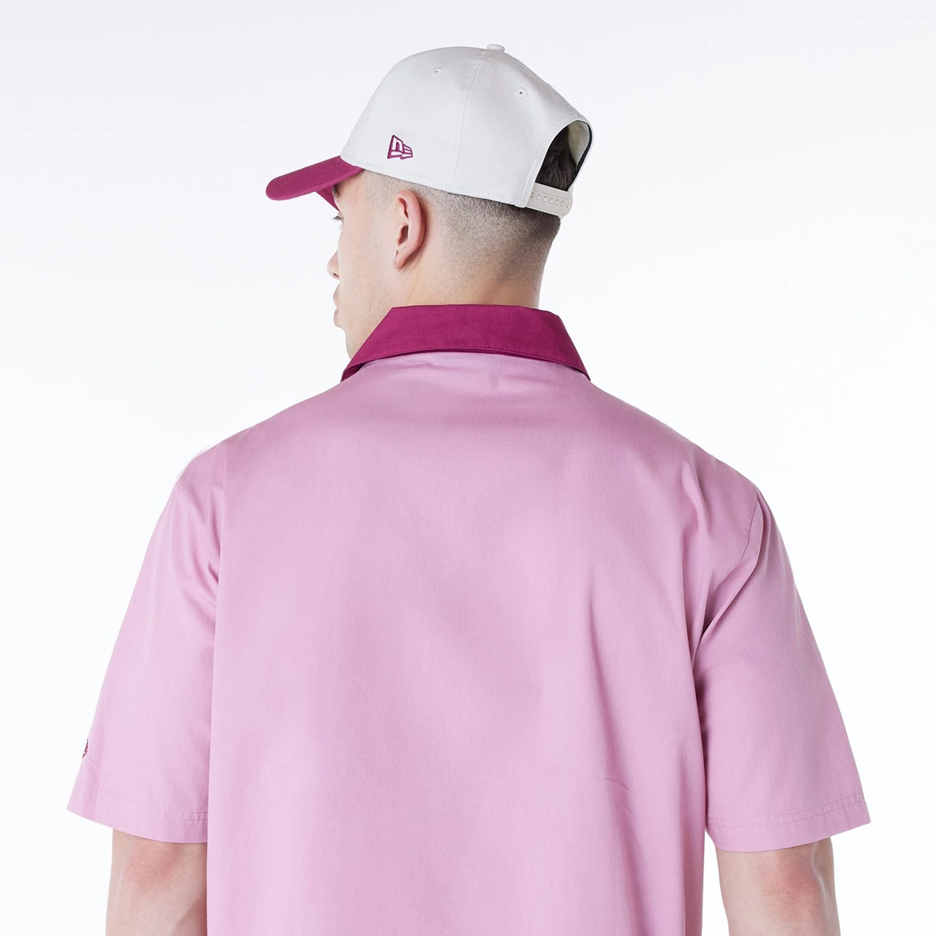 The Male model is wearing New York Yankees Stripe Revere Dark Pink Short Sleeve Shirt 5