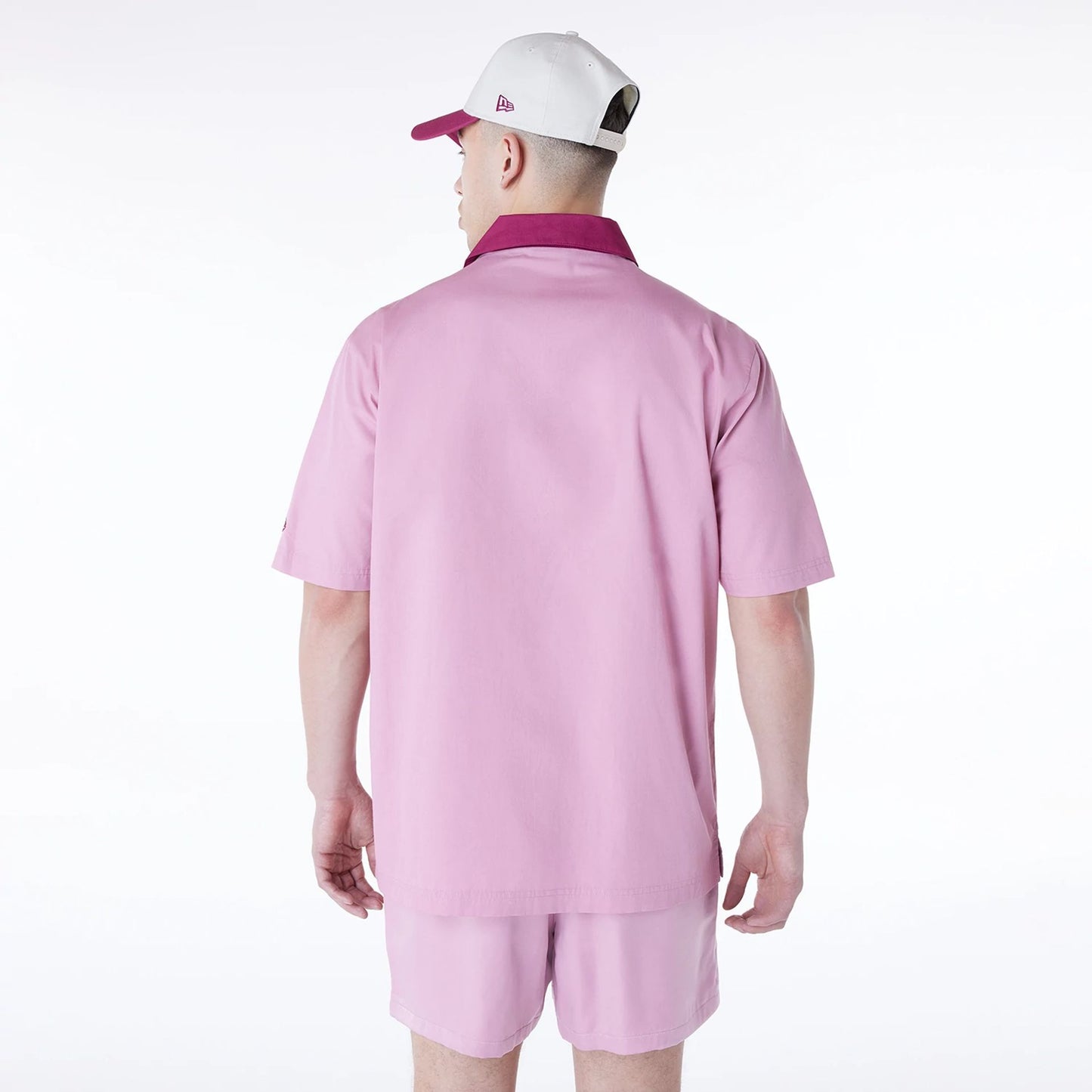 The Male model is wearing New York Yankees Stripe Revere Dark Pink Short Sleeve Shirt 2