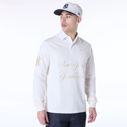 The Male model is wearing New York Yankees MLB Script Open White Long Sleeve Polo 3