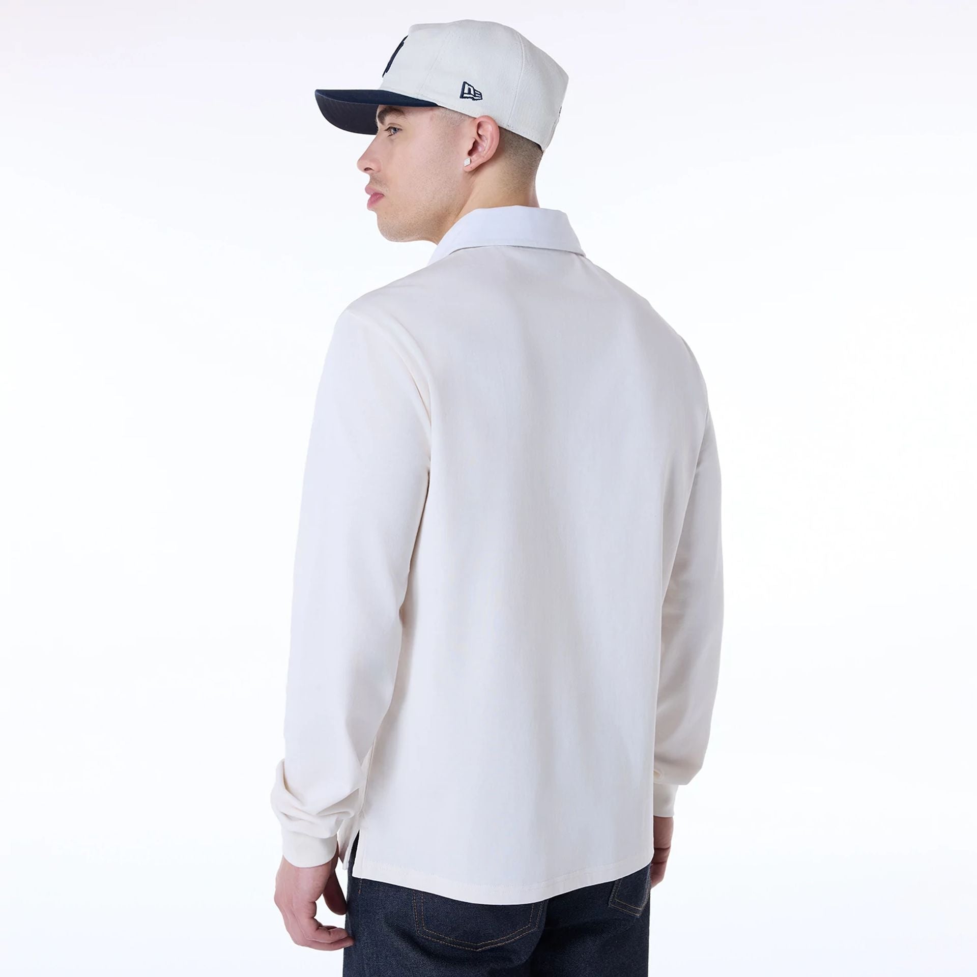 The Male model is wearing New York Yankees MLB Script Open White Long Sleeve Polo 8