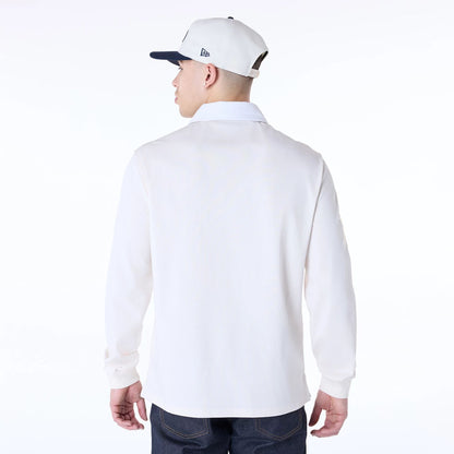 The Male model is wearing New York Yankees MLB Script Open White Long Sleeve Polo 2