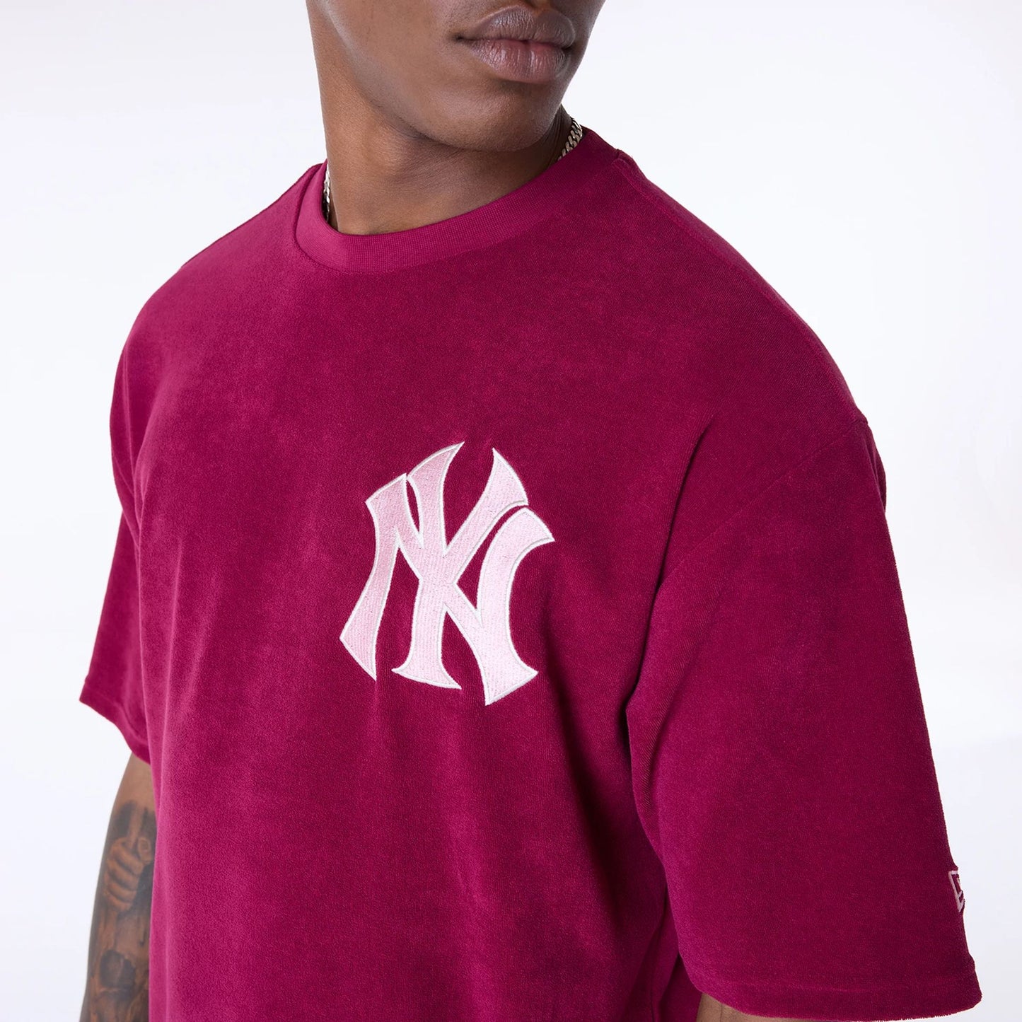 The Male model is wearing New York Yankees MLB Towelling Dark Red T-Shirt 7