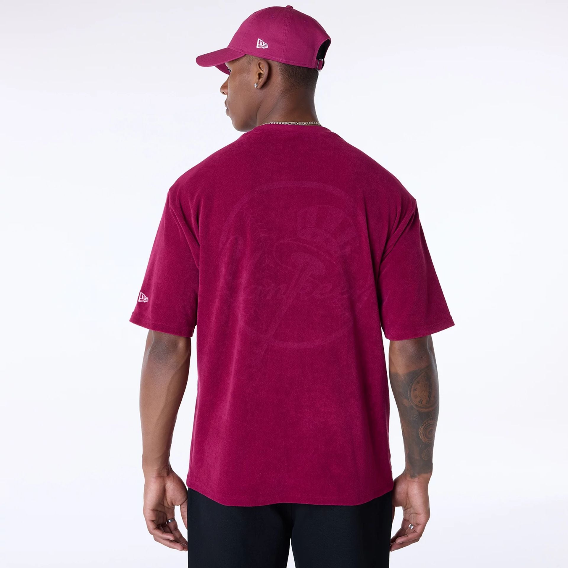 The Male model is wearing New York Yankees MLB Towelling Dark Red T-Shirt 2