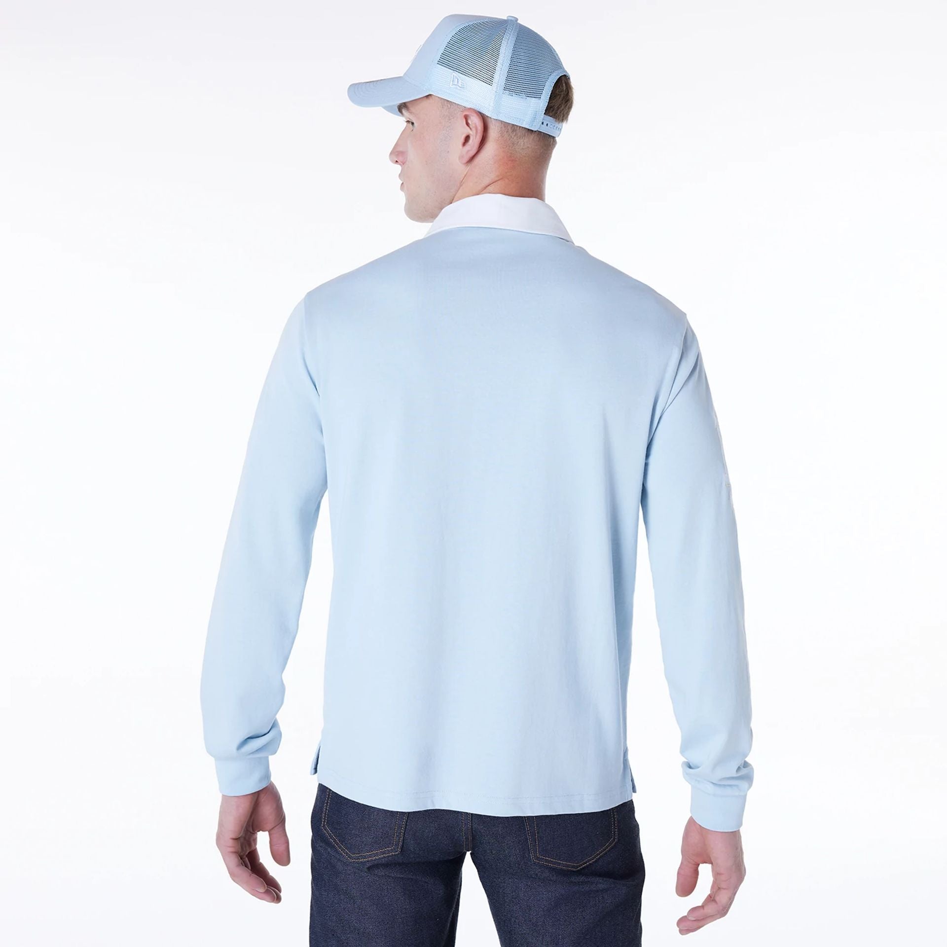 The Male model is wearing LA Dodgers MLB Script Pastel Blue Long Sleeve Polo 2