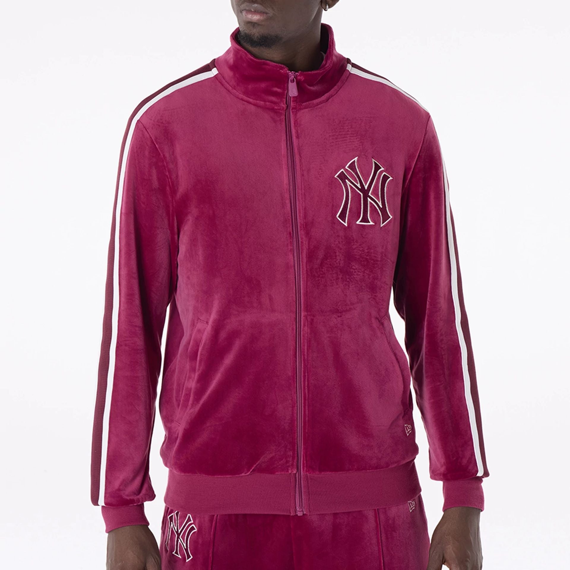 The Male model is wearing New York Yankees MLB Velour Dark Red Track Jacket 3