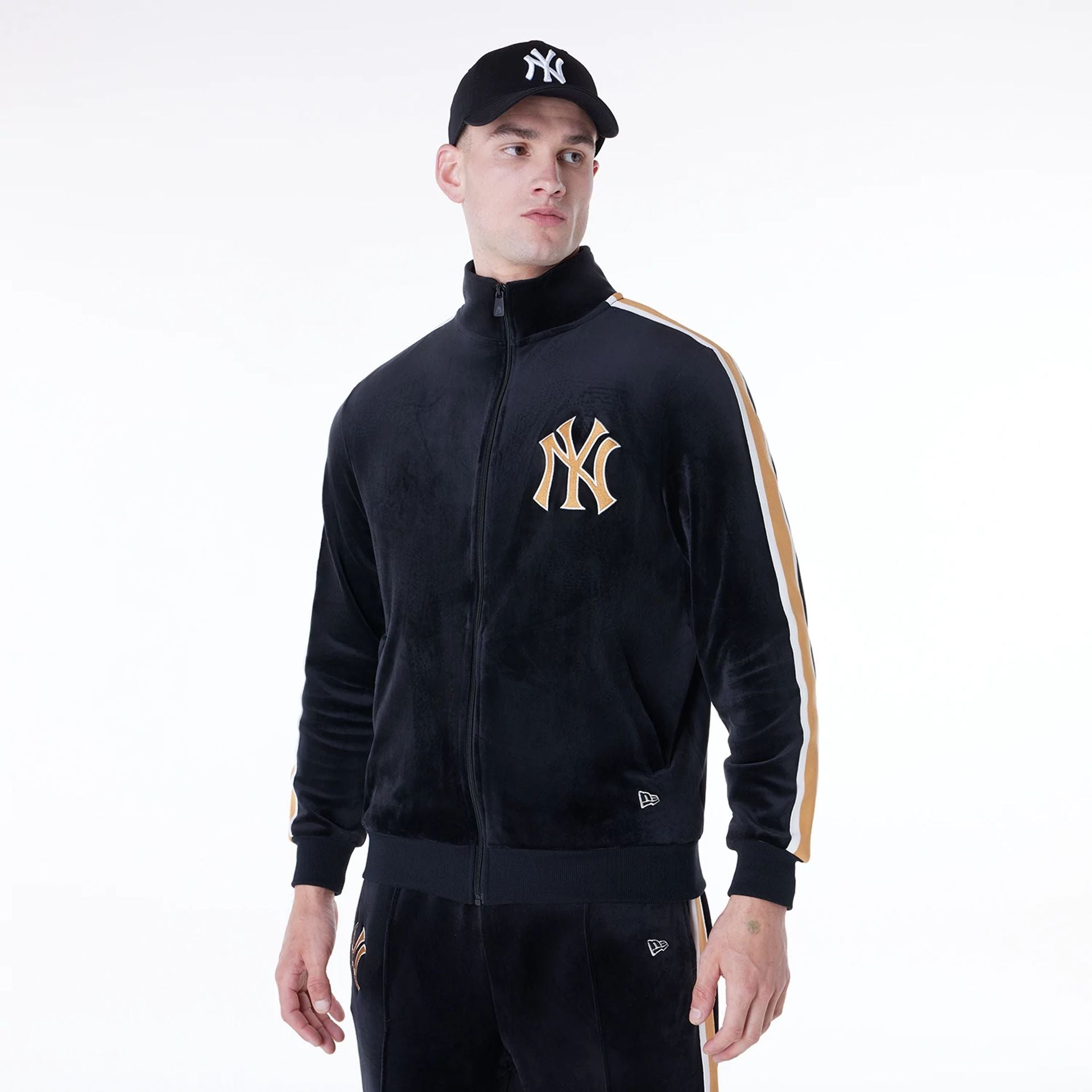 The Male model is wearing New York Yankees MLB Velour Black Track Jacket 1