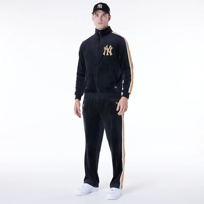 The Male model is wearing New York Yankees MLB Velour Black Track Jacket 3