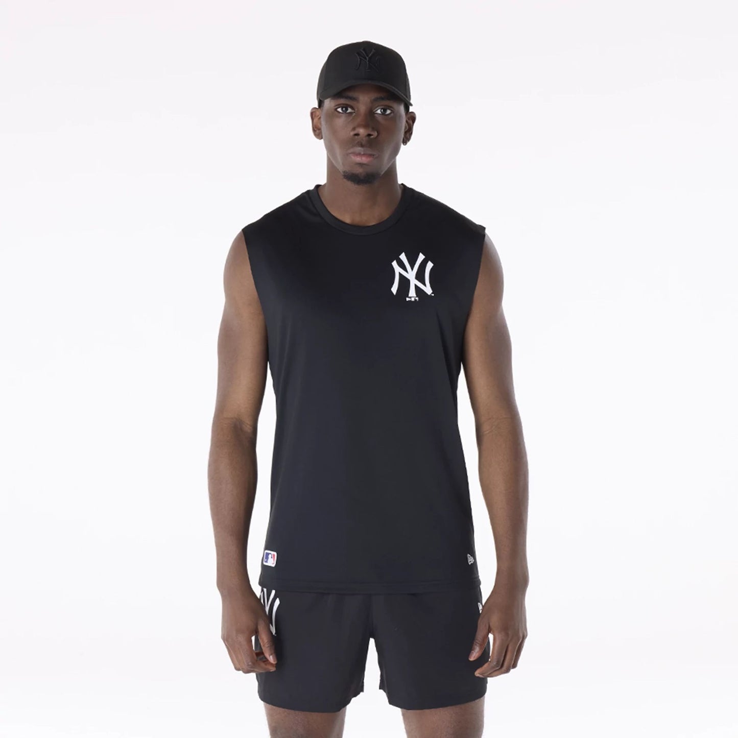 The Male model is wearing New York Yankees MLB Black Sleeveless Vest 1