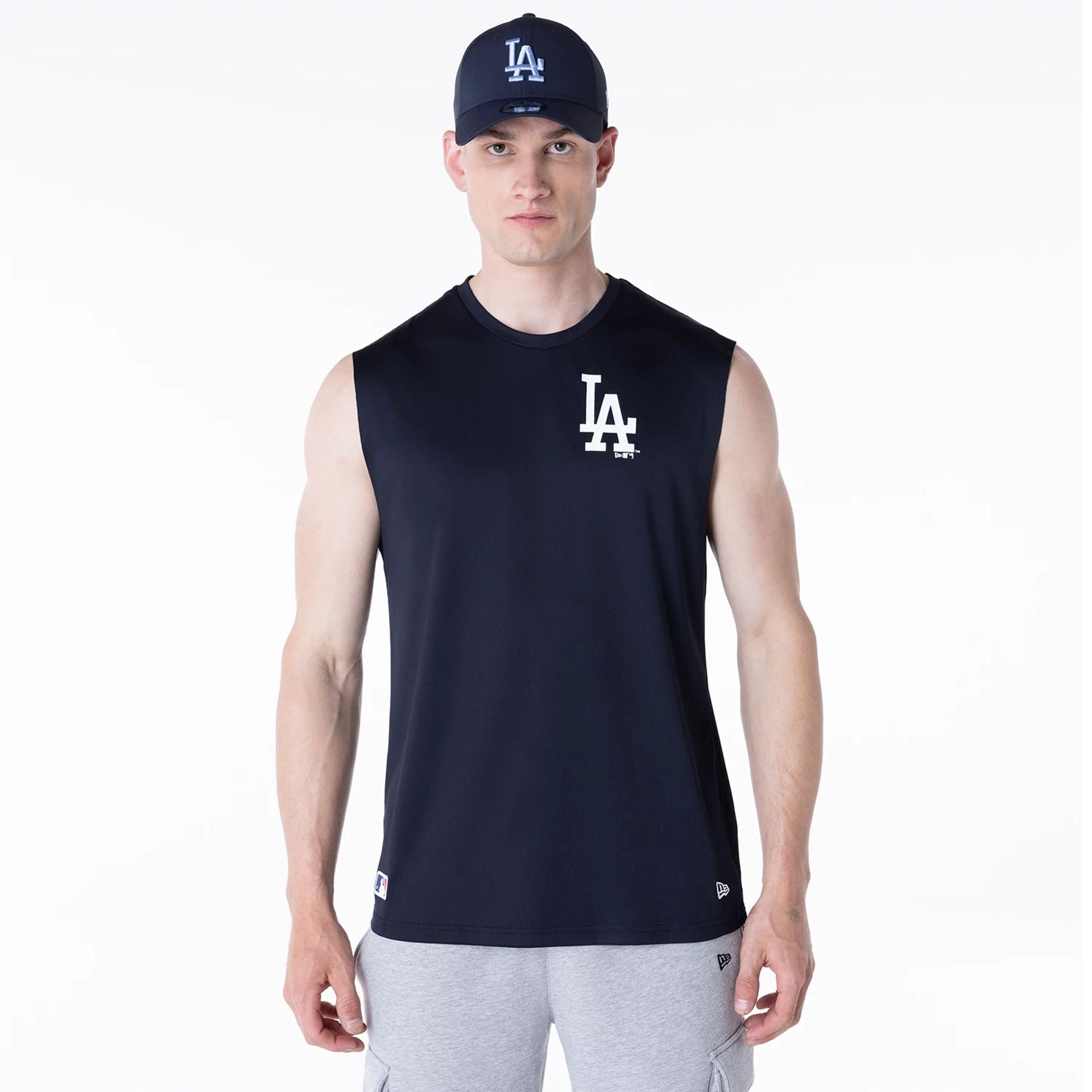 The Male model is wearing LA Dodgers MLB Navy Sleeveless Vest 1