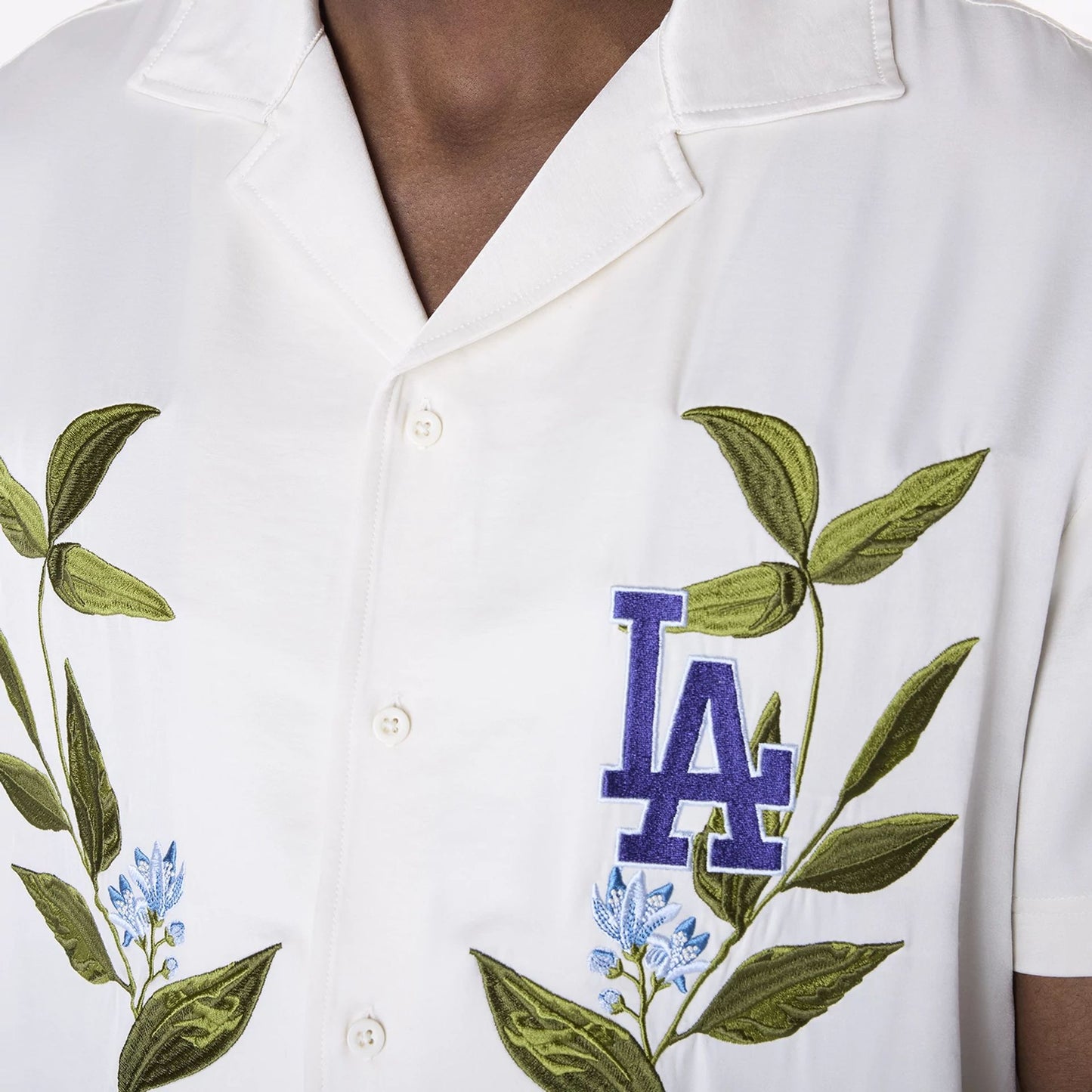 The Male model is wearing LA Dodgers Floral Revere Open White Short Sleeve Shirt 3