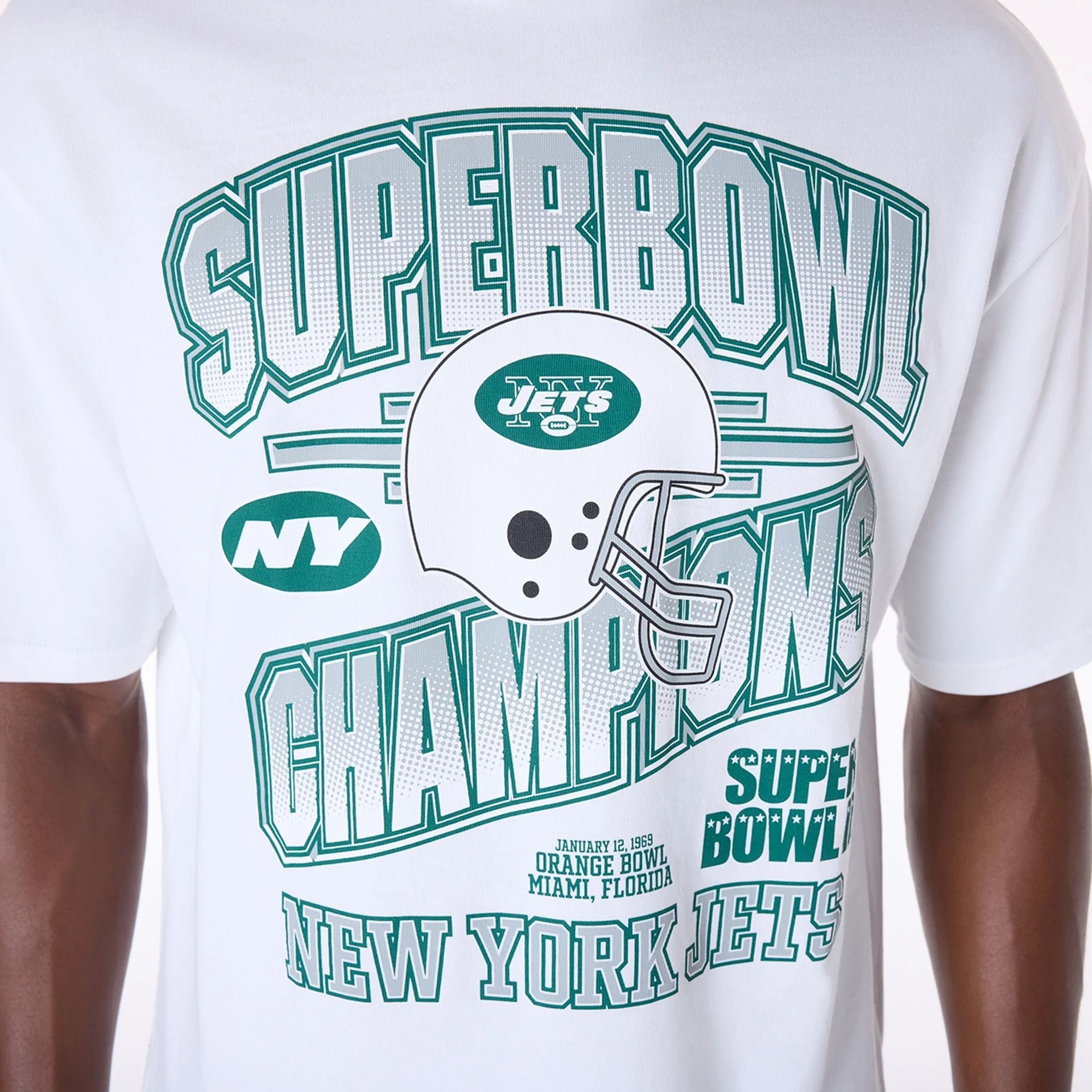 The Male model is wearing New York Jets NFL Helmet White T-Shirt 5