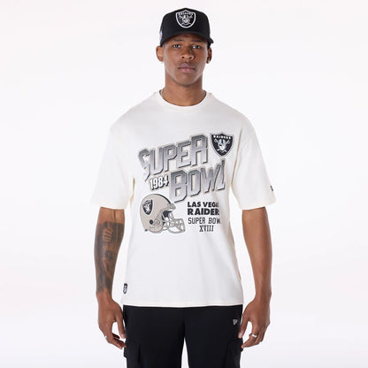 The Male model is wearing Las Vegas Raiders NFL Helmet Open White T-Shirt 4