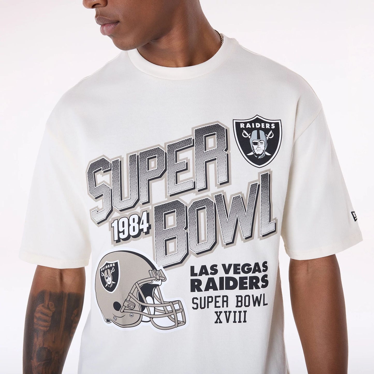 The Male model is wearing Las Vegas Raiders NFL Helmet Open White T-Shirt 8