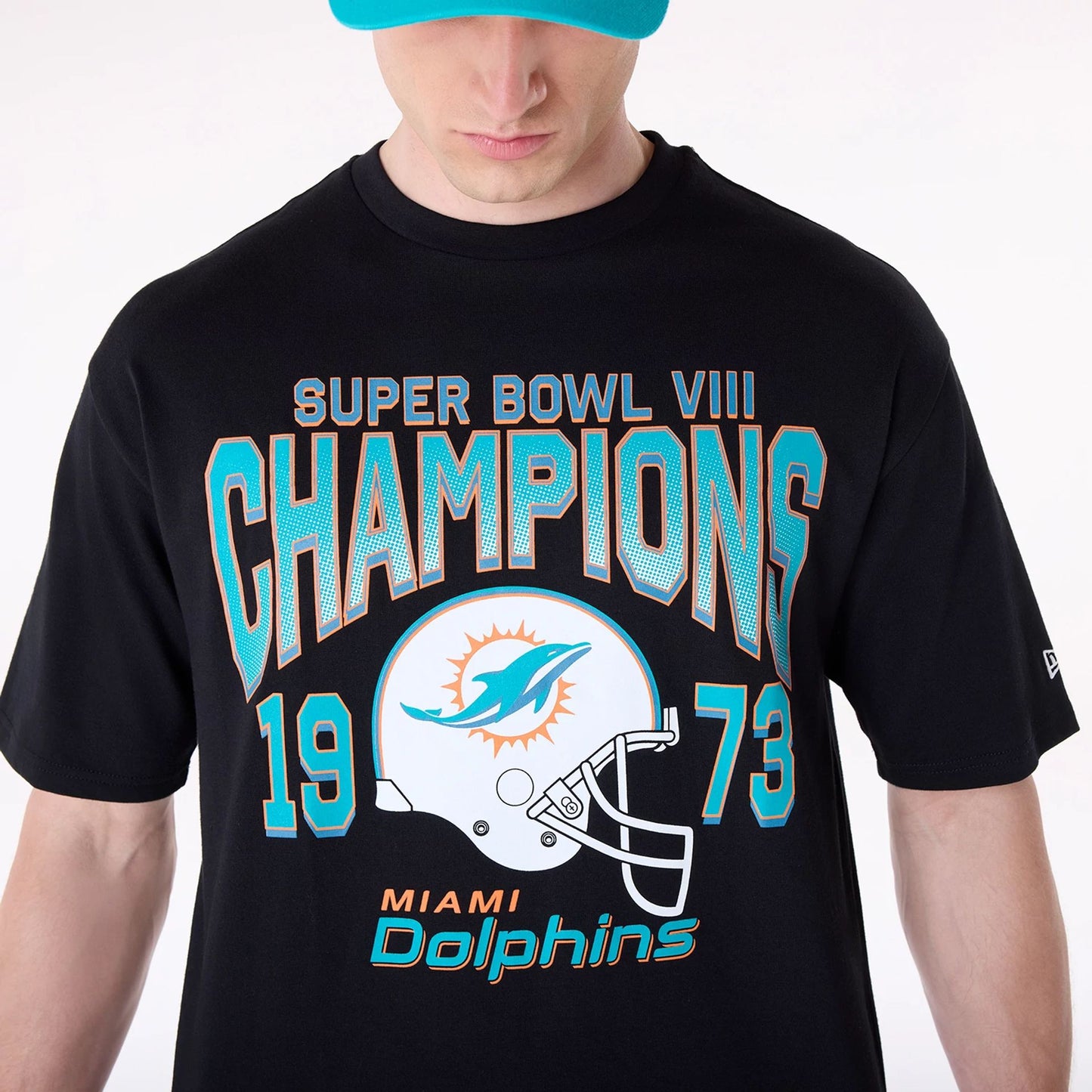 The Male model is wearing Miami Dolphins NFL Helmet Black T-Shirt 6